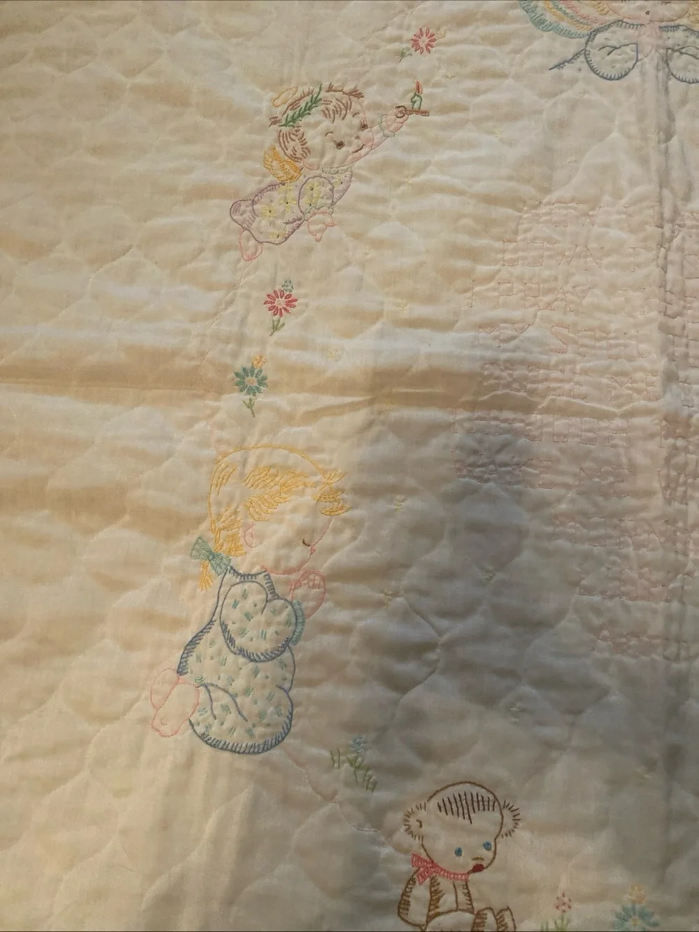Vtg Hand Embroidered Bedtime Prayer Baby Quilt Now I Lay Me Down To Sleep 50’s